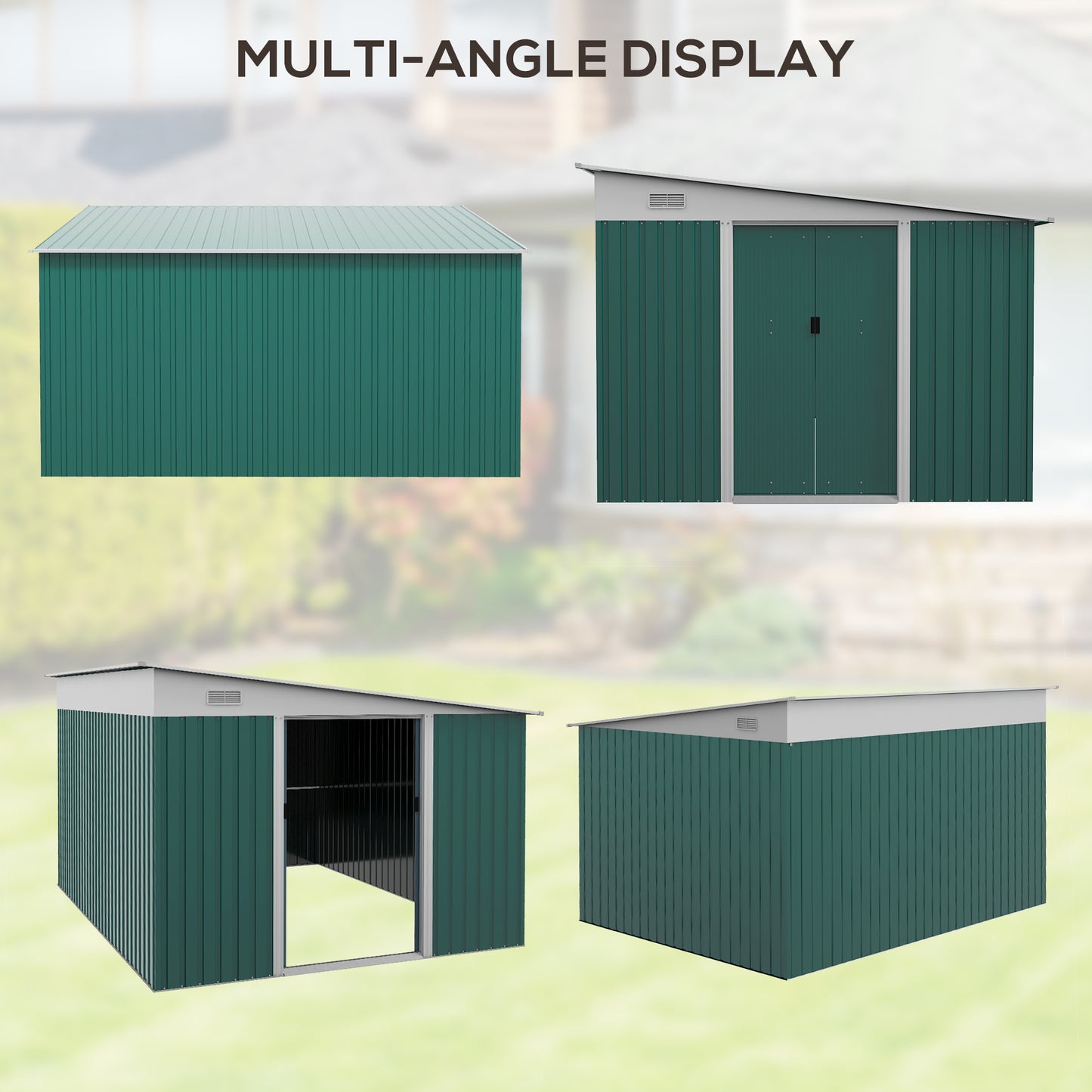 Outsunny Garden Metal Storage Shed Outdoor Metal Tool House with Double Sliding Doors and 2 Air Vents, 11.3x9.2ft, Green