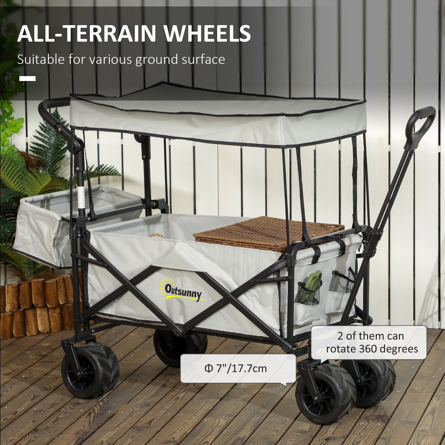 Outsunny Folding Trolley Cart Storage Wagon Beach Trailer 4 Wheels with Handle Overhead Canopy Cart Push Pull for Camping, Grey