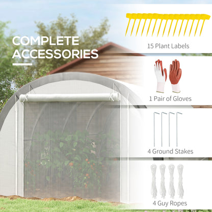 Outsunny 6 x 3(m) Polytunnel Greenhouse with Upgraded Structure, Mesh Door and Windows, 15 Plant Labels, White