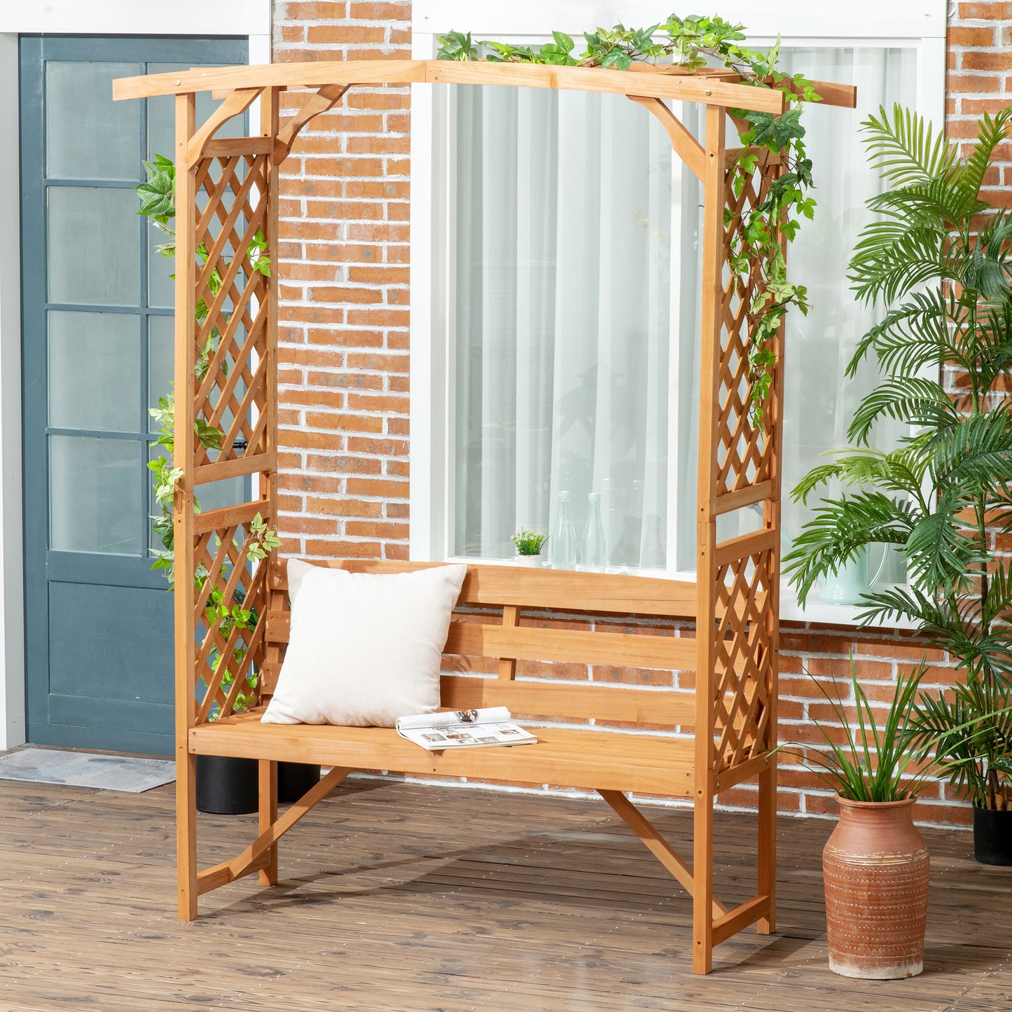 Outsunny Patio Garden Bench, Natural Wooden Garden Arbour with Seat for Vines/Climbing Plants, Natural