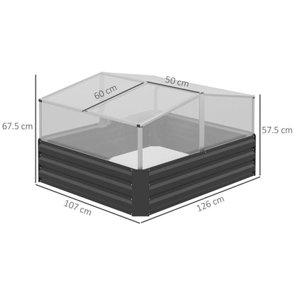 Outsunny Galvanised Raised Garden Bed with Greenhouse，57.5/67.5x 126 x 107, 2-in-1 Desigh, Open Bottom, TOP Windows for Garden, Dark Grey