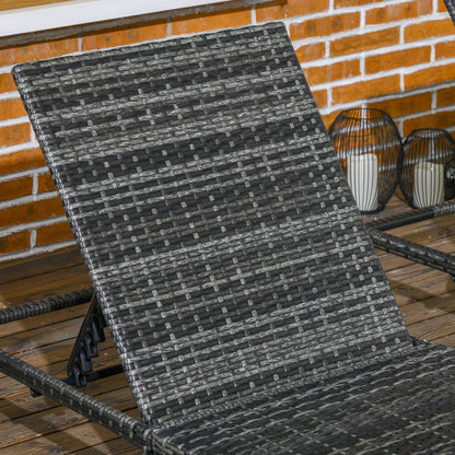 Outsunny Rattan Sun Loungers Set of 2 with 5-Level Adjustable Backrest, Wicker Lounge Chairs with Padded Cushion and Headrest for Outdoor, Poolside, Garden, Dark Grey