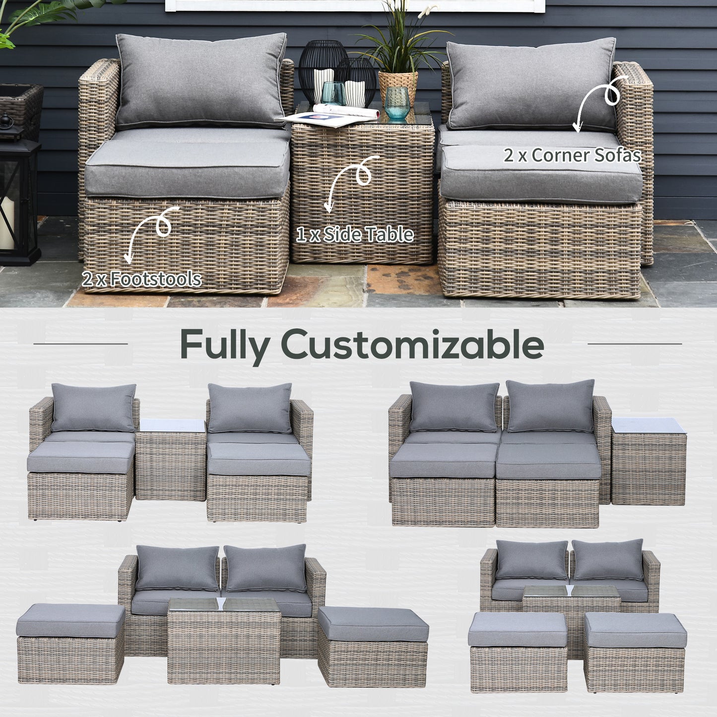 Outsunny 2 Seater Rattan Garden Furniture Set w/ Tall Glass-Top Table Aluminium Frame Plastic Wicker Thick Soft Cushions Outdoor Balcony Sofa, Grey