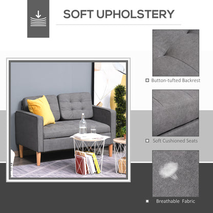 HOMCOM Modern 2 Seater Sofa with Hidden Storage, 117cm Tufted Cotton Couch, Compact Loveseat Sofa with Wood Legs, Grey