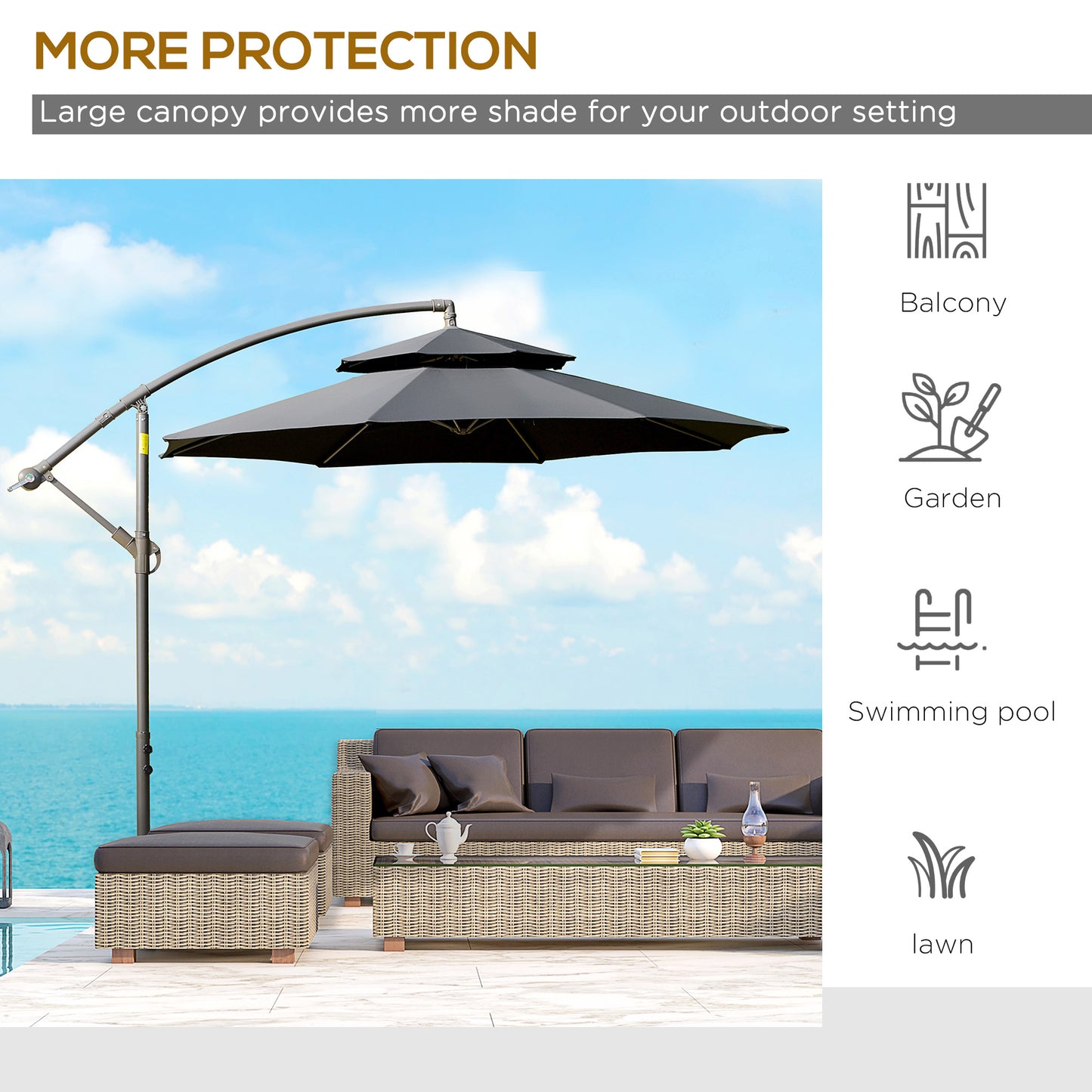 Outsunny Cantilever Parasol: 2.7m Banana Umbrella with Crank Handle, Double-Tier Canopy, Cross Base, Hanging Sun Shade, Black