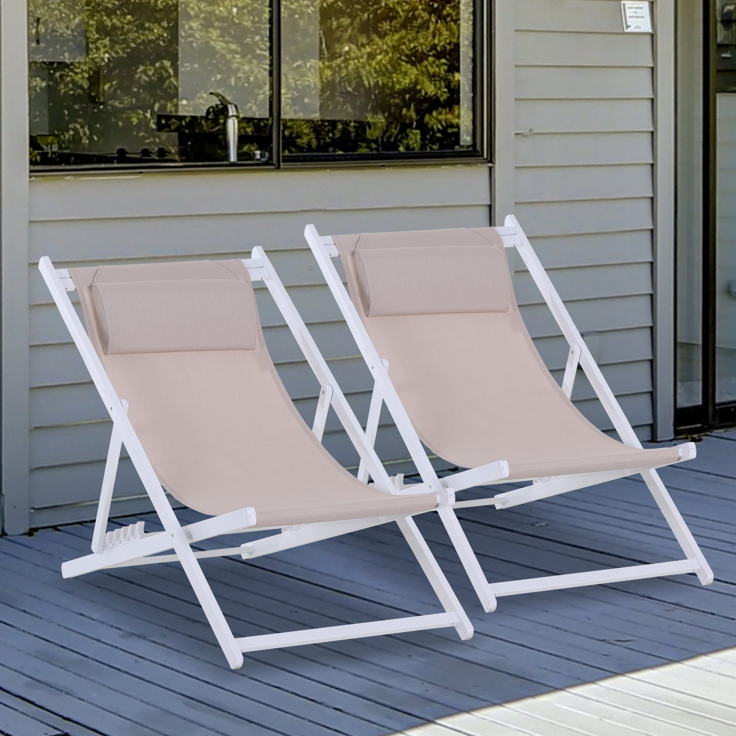 Outsunny Set of 2 Folding Garden Beach Deck Chairs Deckchairs Seaside Folding Garden Patio Lounger, White
