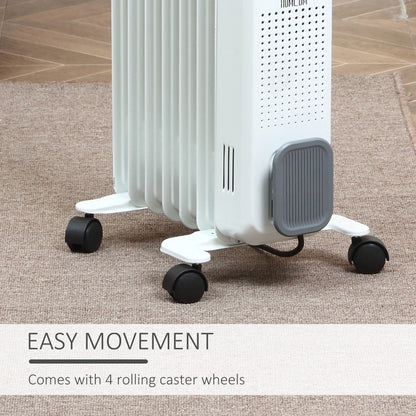 HOMCOM 1500W Oil Filled Radiator, Portable Electric Heater w/ Three Modes Adjustable Thermostat Safety switch, White