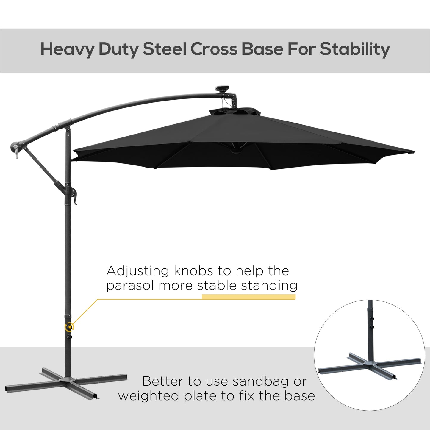 Outsunny 3(m) LED Banana Parasol Garden Cantilever Umbrella with Solar Lights, Crank Handle and Cross Base, Hanging Sun Shade, Black