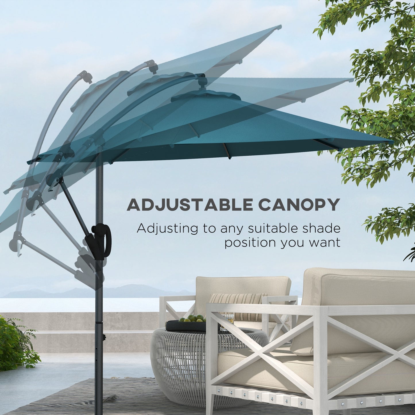 Outsunny Cantilever Parasol 3(m) with Cross Base, Banana Umbrella with Crank Handle, Tilt & 8 Ribs, Blue