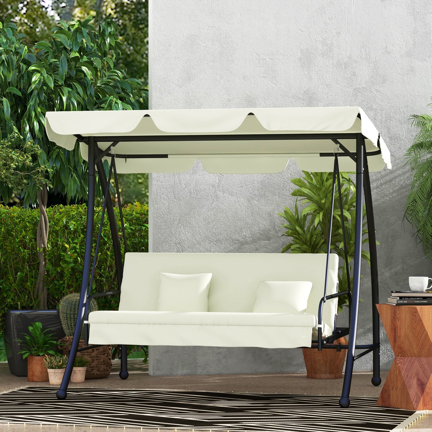 Outsunny 3 Seater Garden Swing Chair with Tilting Canopy - Cream White