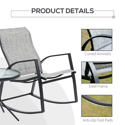 Outsunny Patio Bistro Set: 2 Rocking Chairs & Tempered Glass Table, Ideal for Garden & Poolside, Grey