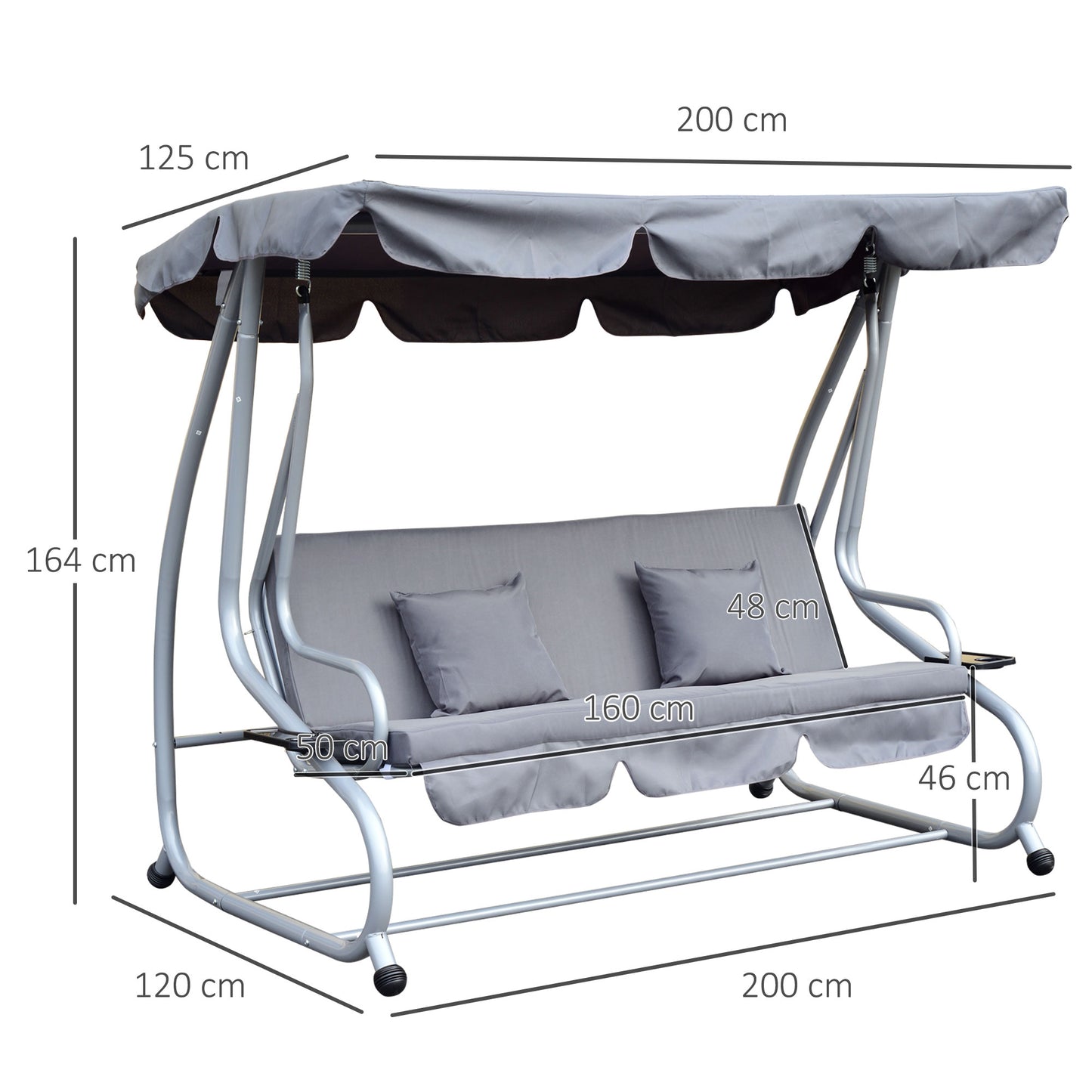 Outsunny 2-in-1 Garden Swing Seat Bed 3 Seater Swing Chair Hammock Bench Bed with Tilting Canopy and 2 Cushions, Grey