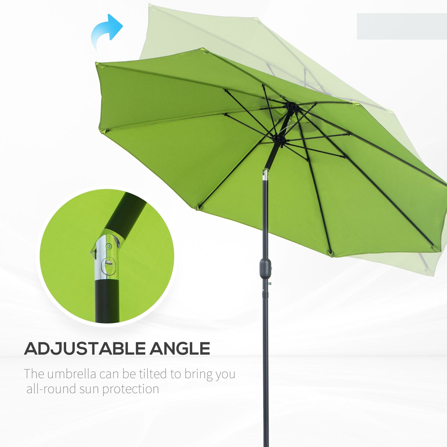 Outsunny 2.7M Patio Parasol Sun Umbrella, Tilt Shade Shelter Canopy with Crank 8 Ribs Aluminium Frame, Light Green
