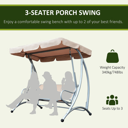 Outsunny 3 Seater Bench Steel Outdoor Patio Porch Swing Chair with Adjustable Canopy - Beige