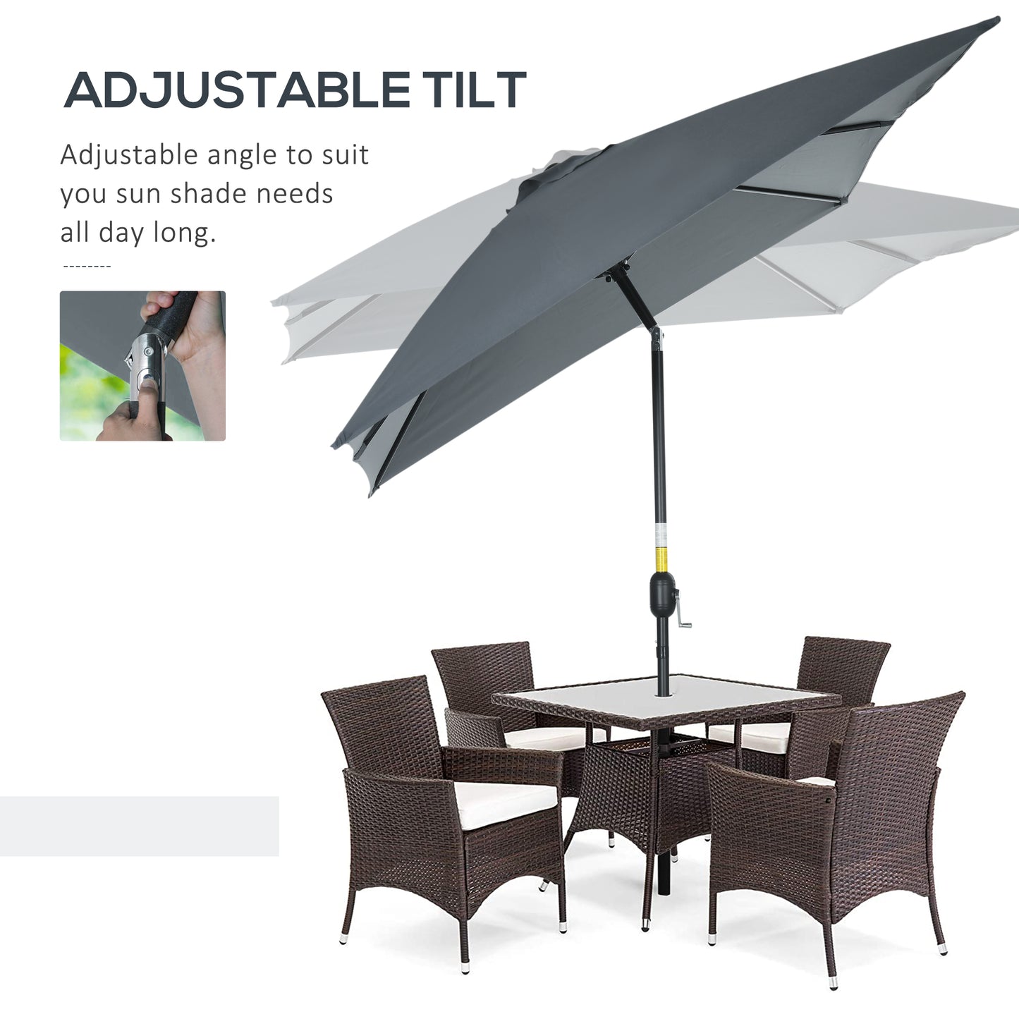 Outsunny 3x2m Patio Parasol Garden Umbrellas Canopy with Aluminum Tilt Crank Rectangular Sun Shade Steel, Dark Grey