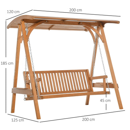 Outsunny 3-Seater Larch Wood Garden Swing Chair Bench Hammock Lounger with Wooden Canopy, Teak