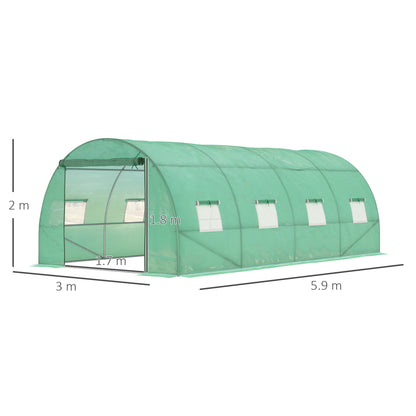 Outsunny 6 x 3 m Large Walk-In Greenhouse Garden Polytunnel Greenhouse with Steel Frame, Zippered Door and Roll Up Windows, Green