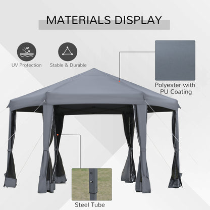 Outsunny 3.2m Canopy Rentals Pop Up Gazebo Hexagonal Canopy Tent Outdoor Sun Protection w/ Mesh Sidewalls, Handy Bag, Grey