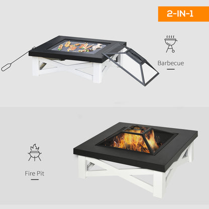 Outsunny Metal Large Firepit Outdoor 3 in 1 Square Fire Pit Brazier w/ BBQ Grill, Lid, Log Grate, Poker for Backyard, Bonfire, 86 x 86 x 38cm, Black