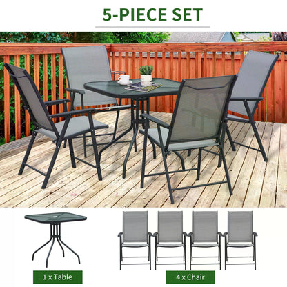 Outsunny 5pcs Classic Outdoor Dining Set Steel Frames w/ 4 Folding Chairs Glass Top Table Texteline Seats Parasol Hole Garden Dining Black Grey