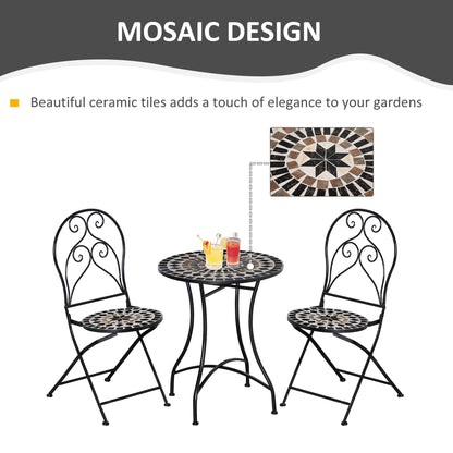 Outsunny 3 Piece Garden Outdoor Bistro Set with Coffee Table and 2 Folding Chairs, Mosaic Tile Top and Seats, Metal Frame, for Patio Balcony