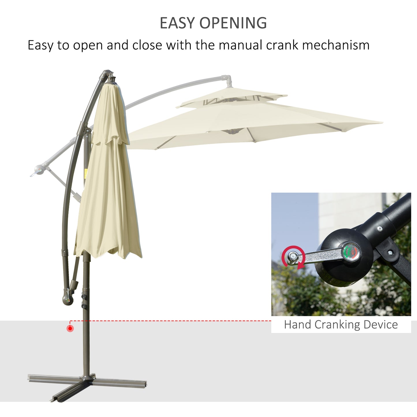 Outsunny 2.7m Garden Banana Parasol Cantilever Umbrella with Crank Handle, Double Tier Canopy and Cross Base for Outdoor, Hanging Sun Shade, Beige