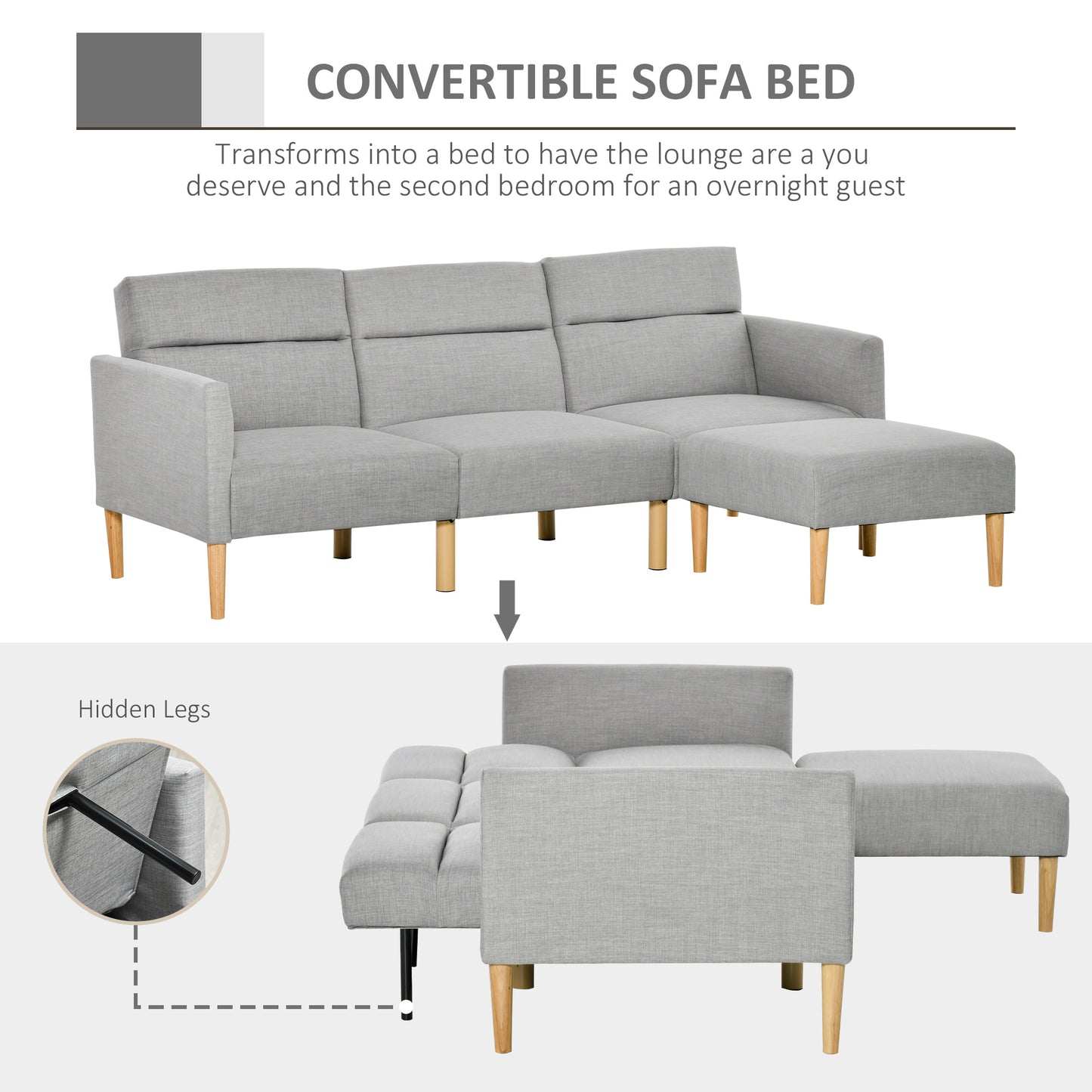 HOMCOM L Shape Sofa Bed Set, Linen Fabric Corner Sofa Bed with Rubber Wood Legs and Footstool, Light Grey
