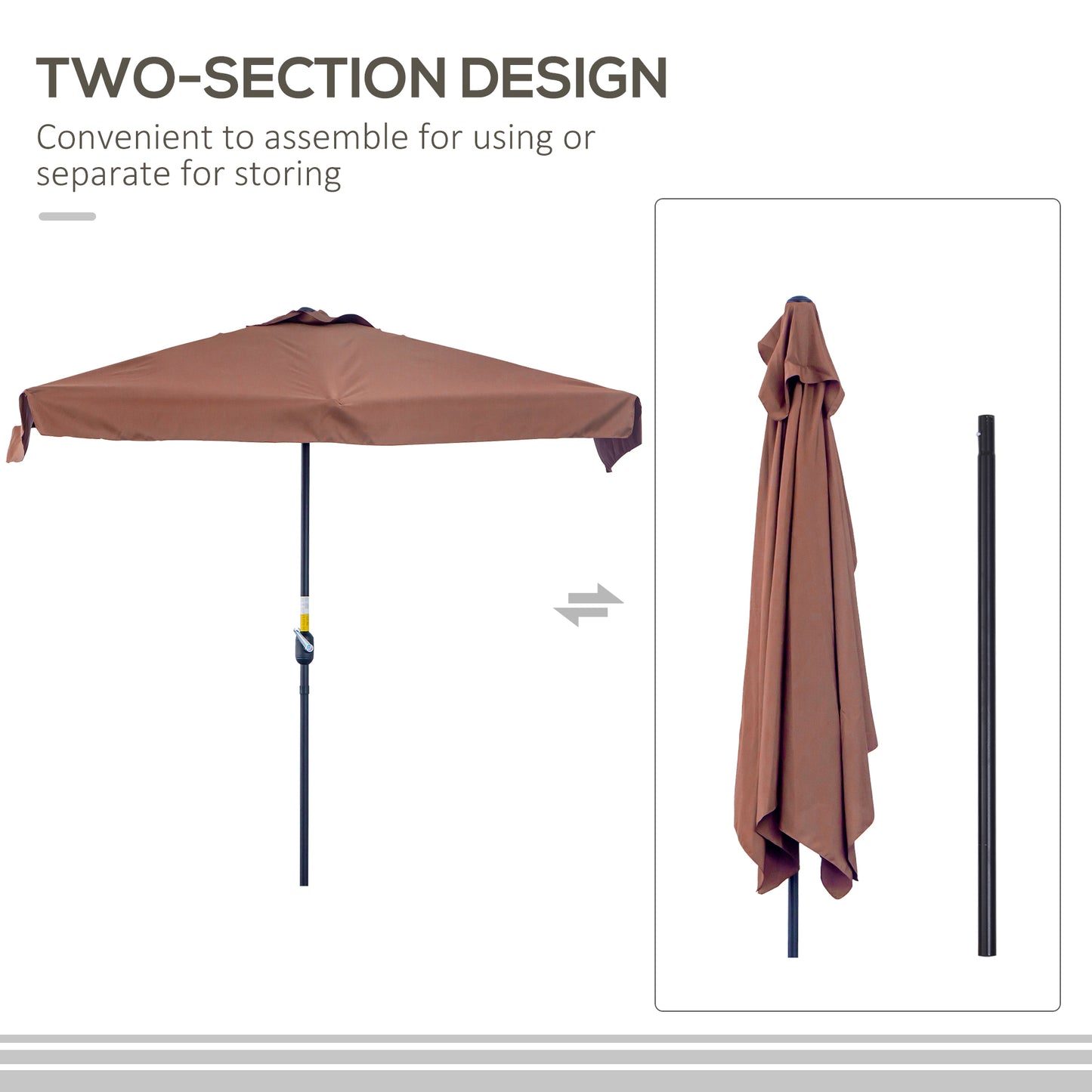 Outsunny 2.3m Patio Semi Round Half Parasol Umbrella with Metal Frame Crank Handle for Balcony- NO BASE INCLUDED, Brown