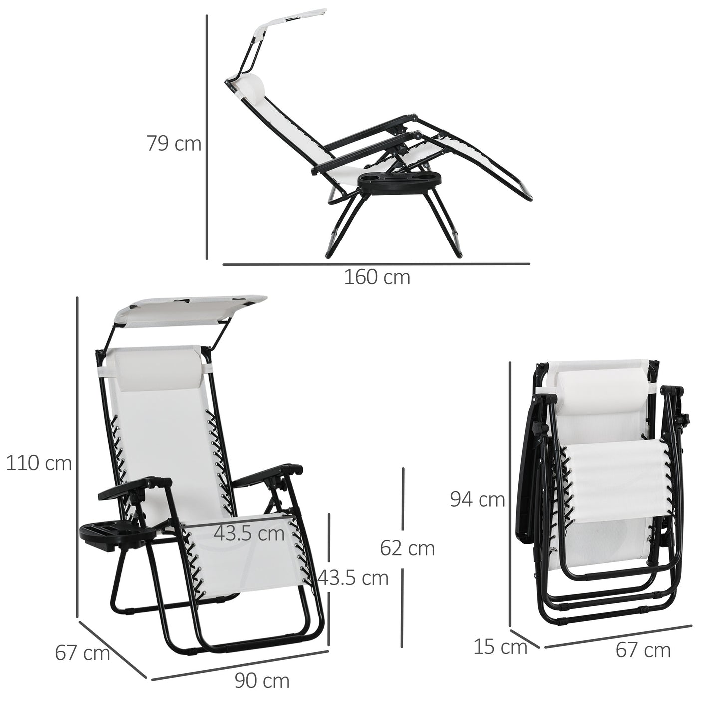 Outsunny Zero Gravity Garden Deck Folding Chair Patio Sun Lounger Reclining Seat with Cup Holder & Canopy Shade - White