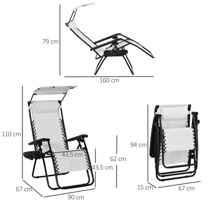 Outsunny Zero Gravity Garden Deck Folding Chair Patio Sun Lounger Reclining Seat with Cup Holder & Canopy Shade - White