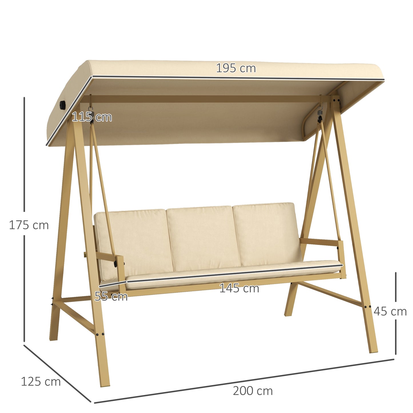 Outsunny 3 Seater Garden Swing Chair, Outdoor Hammock Bench with Adjustable Canopy, Removable Cushions and Steel Frame, Beige
