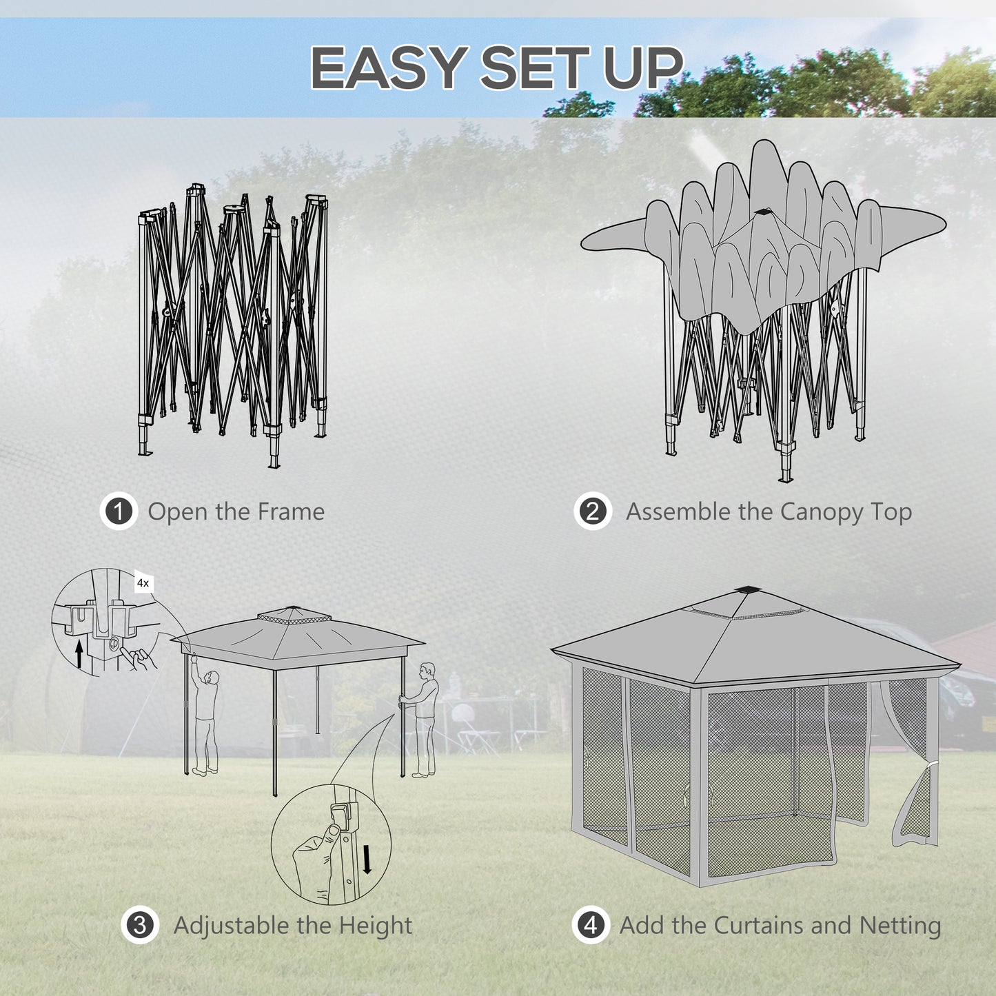 Outsunny 3 x 3(m) Pop Up Gazebo Party Tent with Solar-Powered LED Lights, Adjustable Event Shelter with Curtain, Netting, Khaki