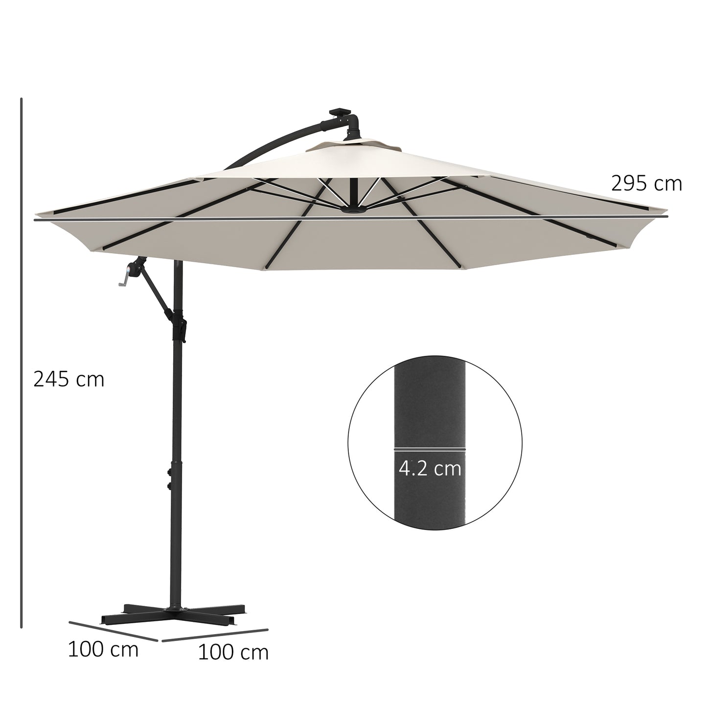 Outsunny 3(m) Cantilever Parasol with Solar LED Lights, Garden Umbrella with Cross Base and Crank Handle, Hanging Offset Banana Sun Shade for Outdoor, Patio, Beige