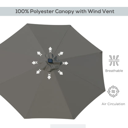 Outsunny Patio Parasol with LED Lights, 2.7m Garden Umbrella in Grey, Push Button Tilt/Crank, 8 Rib Sun Shade for Outdoor Tables