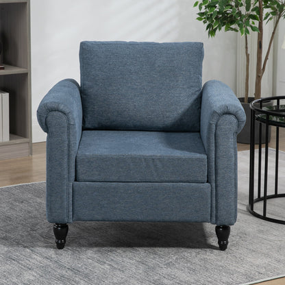 HOMCOM Vintage Accent Chair, Tufted Upholstered Lounge Armchair Single Sofa Chair with Rubber Wood Legs, Rolled Arms, Dark Blue