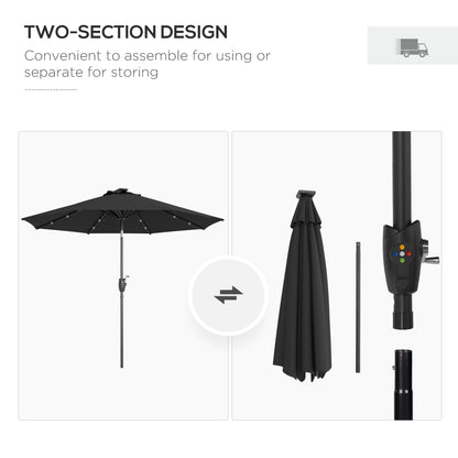 Outsunny Garden Parasol with Solar LED Lights, Tilt Sun Umbrella, Outdoor Patio Shade, 24 LED, Hand Crank, 8 Ribs, 2.7m, Black