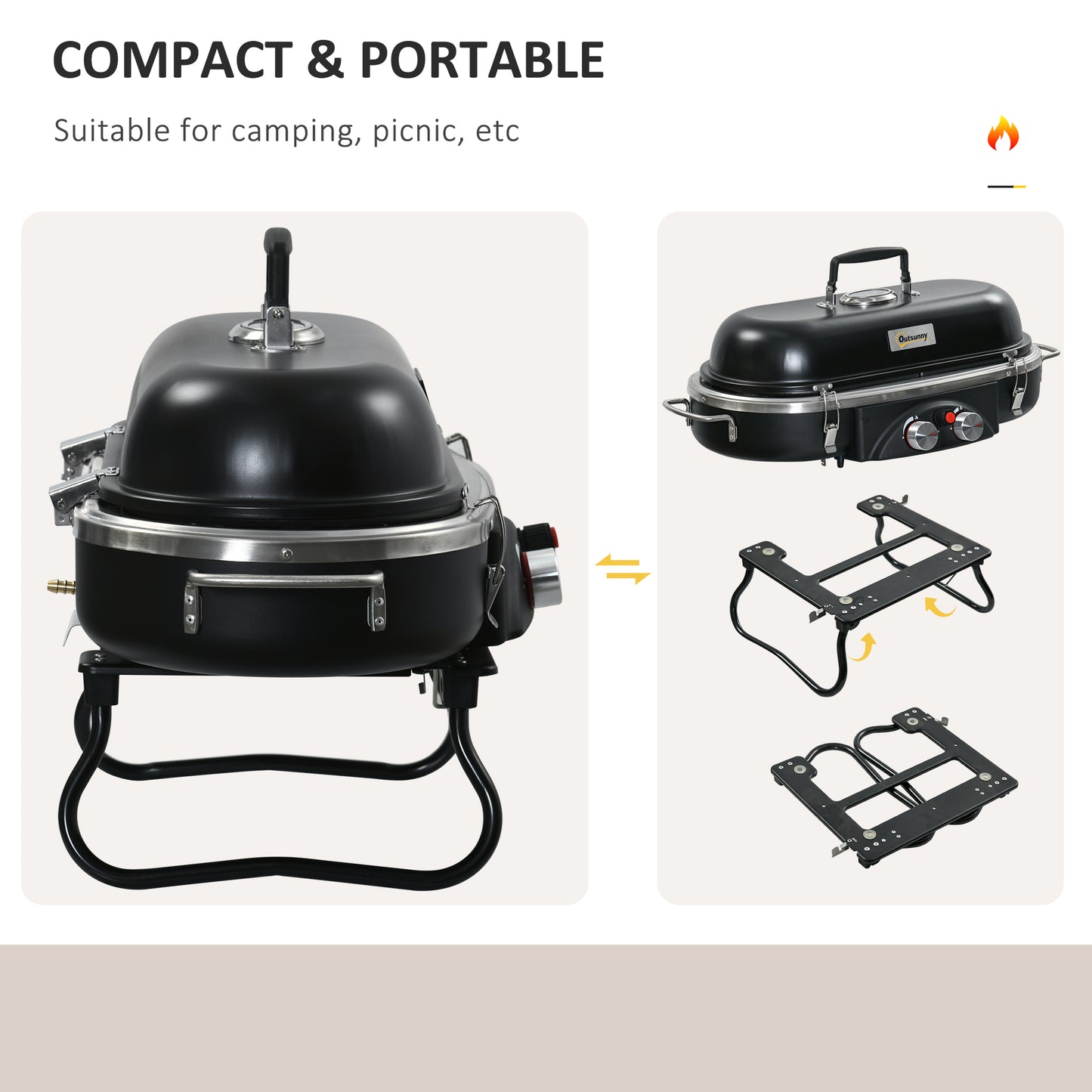 Outsunny Foldable Gas BBQ Grill 2 Burner Table Top Barbecue w/ Lid Piezo Ignition Thermometer for Camping Picnic Cooking, Aluminium Alloy