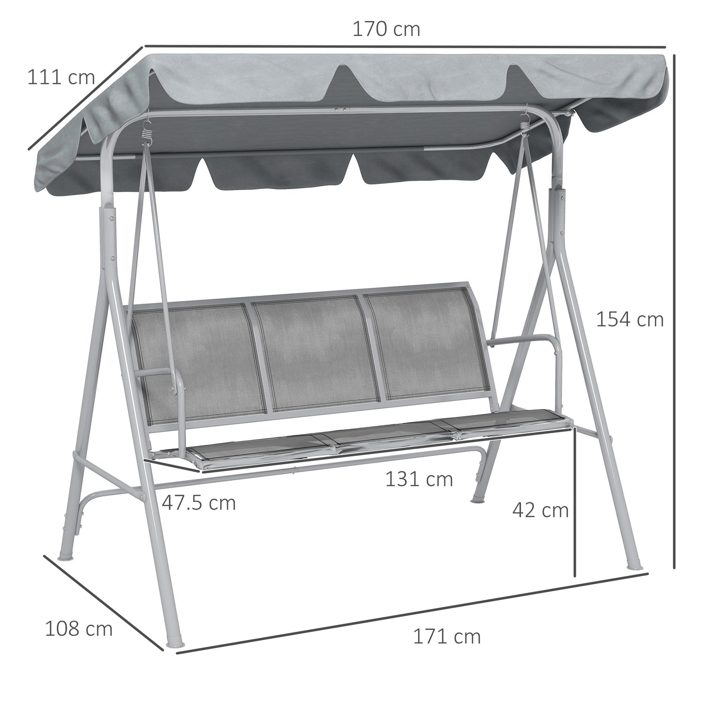 Outsunny Metal Garden Swing Chair, 3-Seater Swing Seat, Patio Hammock Bench Canopy Lounger, Light Grey