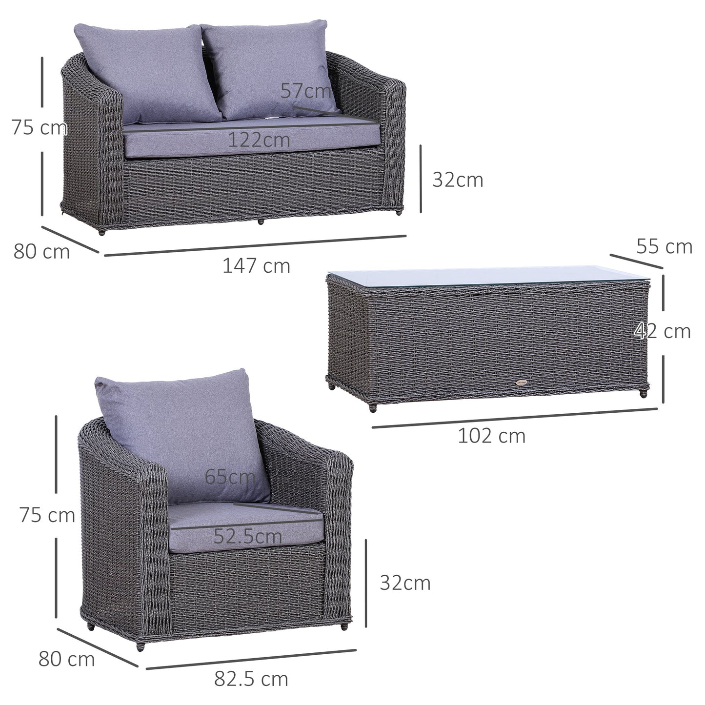 Outsunny Rattan Garden Furniture Set 4-seater Sofa Set Coffee Table Single Chair Bench Aluminium Frame Fully-assembly, Grey