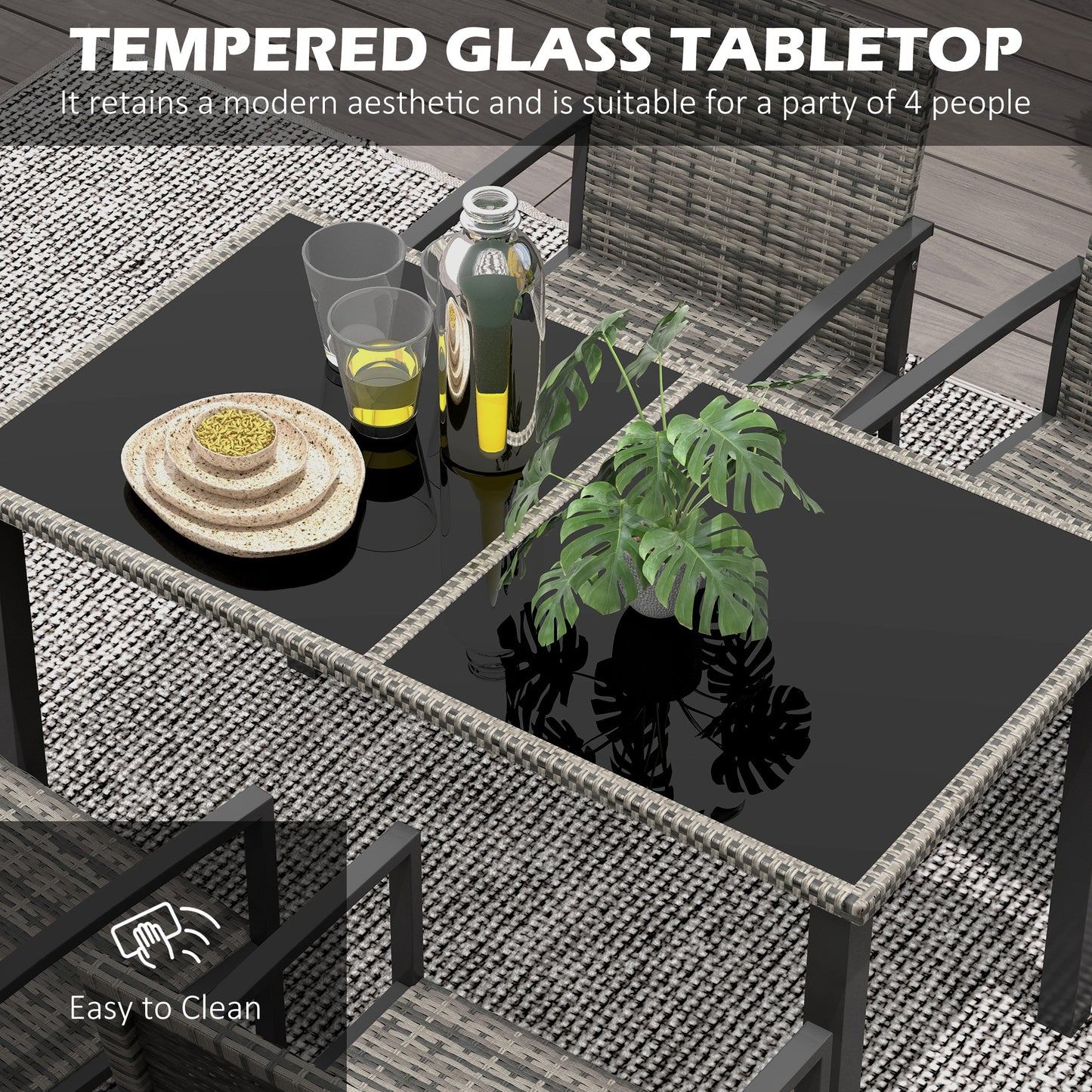 Outsunny Outdoor Dining Set 5 Pieces Patio Conservatory with Tempered Glass Tabletop,4 Dining Chairs - Mixed Grey