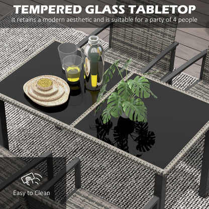 Outsunny Outdoor Dining Set 5 Pieces Patio Conservatory with Tempered Glass Tabletop,4 Dining Chairs - Mixed Grey