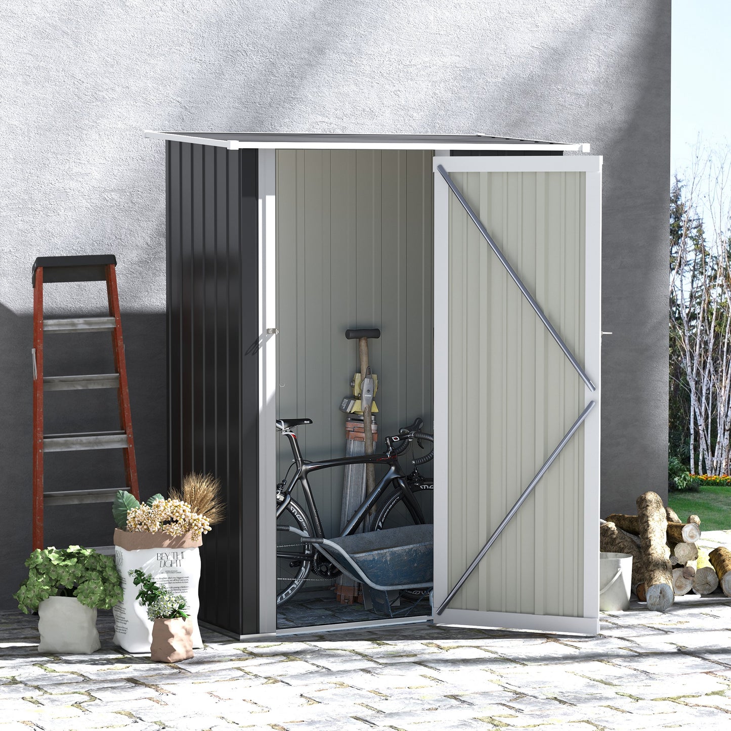 Outsunny Garden Storage Shed, Outdoor Tool Shed with Sloped Roof, Lockable Door for Equipment, Bikes, Grey, 142 x 84 x 189cm