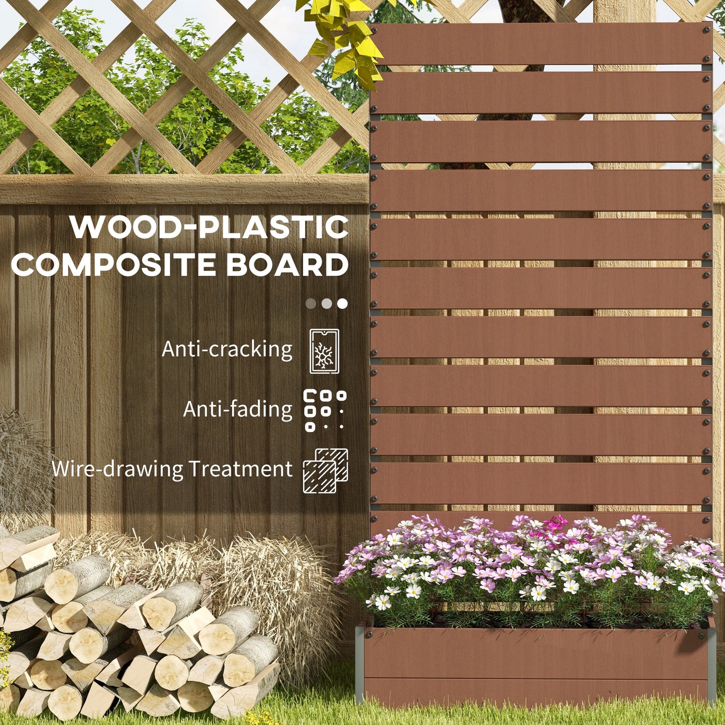 Outsunny Wood-plastic Composite Raised Planter with Climbing Trellis, 90.5L x 38W x 180H with Drainage Gap for Plants, Vines, Light Brown | Aosom UK