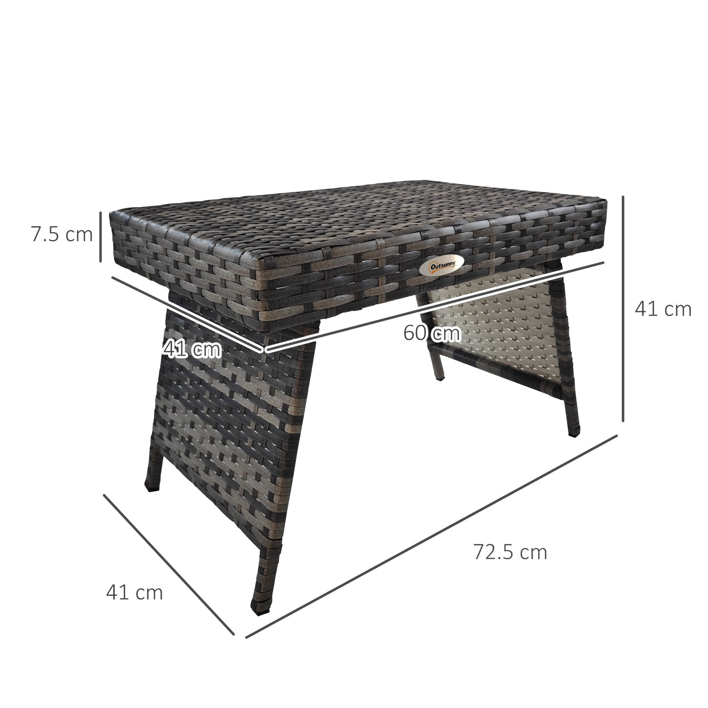 Outsunny Rattan Coffee Table, Foldable Metal Frame Side Table for Outdoor, Garden, Lawn, Mixed Grey