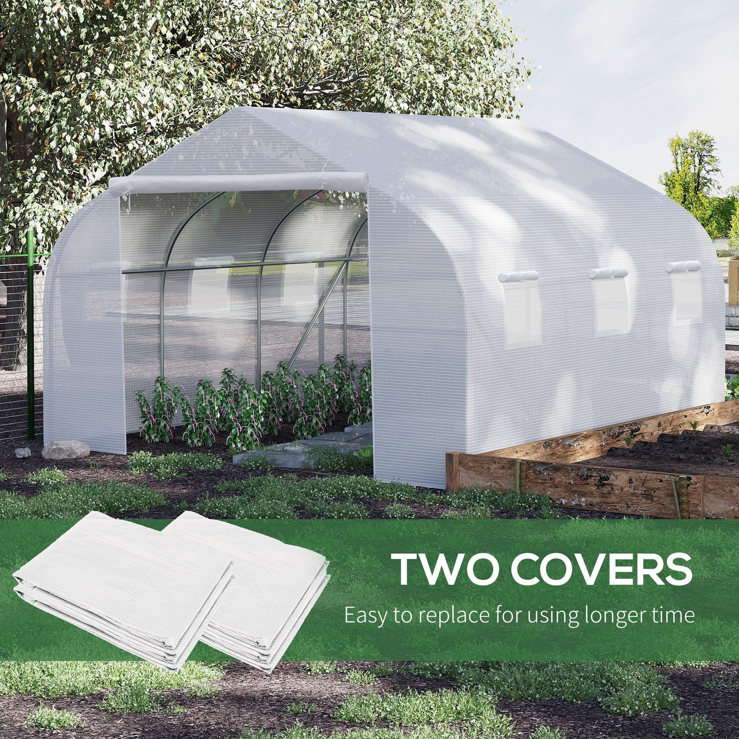 Outsunny Walk-In Tunnel Greenhouse with Replacement Cover, Outdoor Growhouse with PE Cover, Roll Up Door and 6 Windows, 4.5 x 3 x 2 m, White