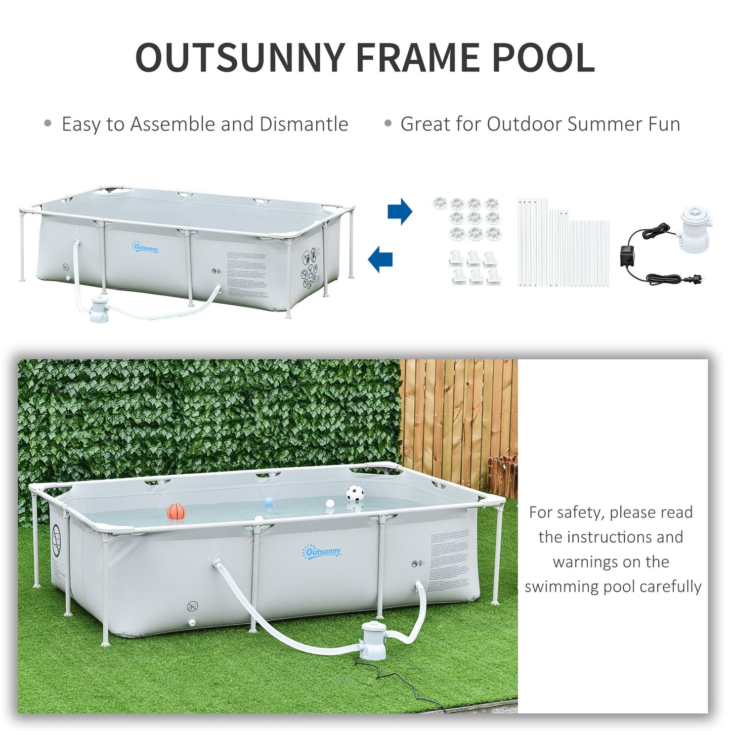 Outsunny Steel Frame Pool with Filter Pump and Filter Cartridge Rust Resistant Above Ground Pool with Reinforced Sidewalls, 252 x 152 x 65cm, Grey