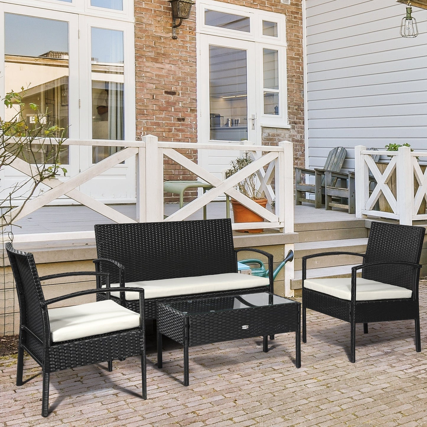 Outsunny Rattan Garden Lounge Set: 4-Seater Wicker Sofa & Table, Outdoor Patio Furniture, Monochrome Black & Cream