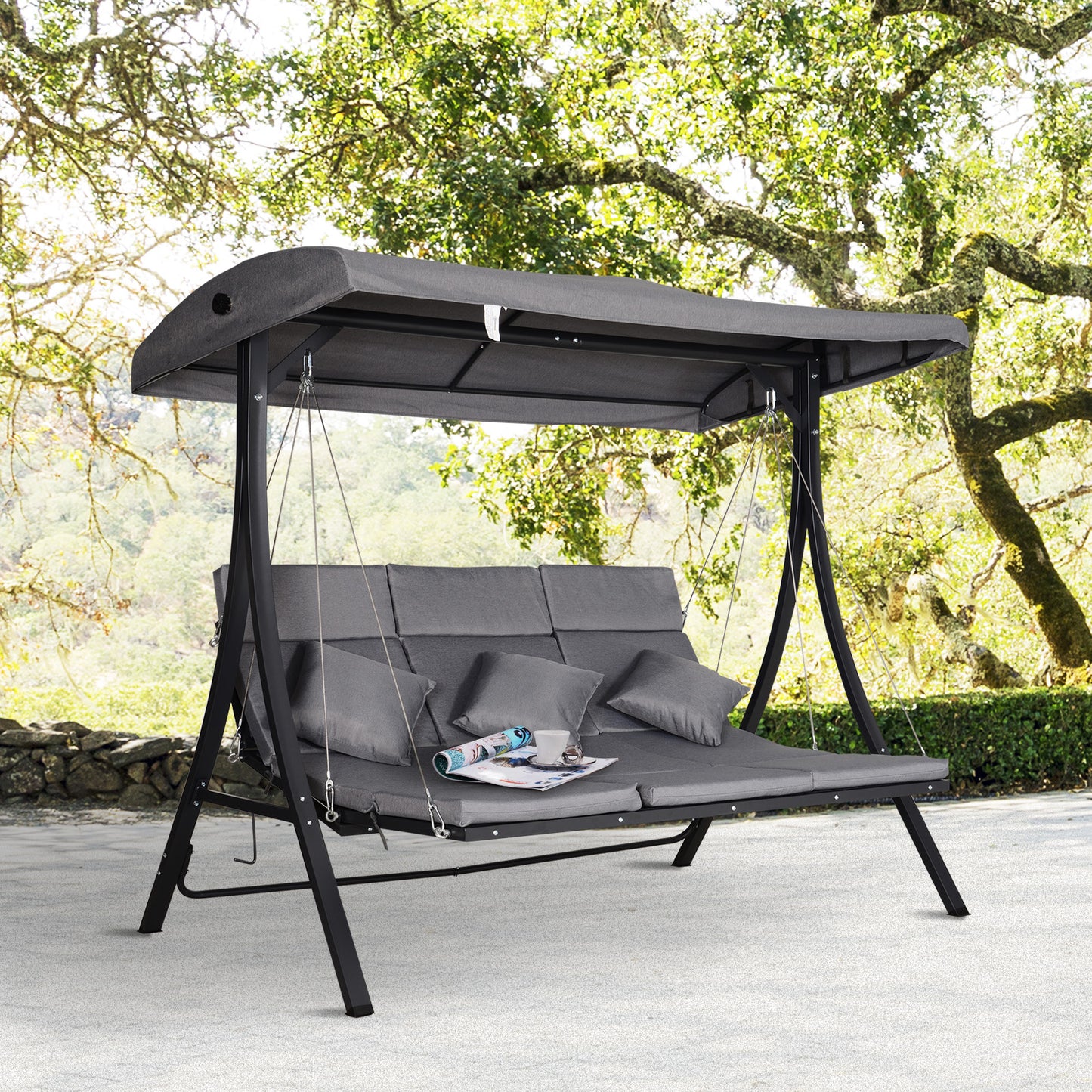 Outsunny Steel Pipe 3-Seater Outdoor Garden Recliner Swing Chair Grey