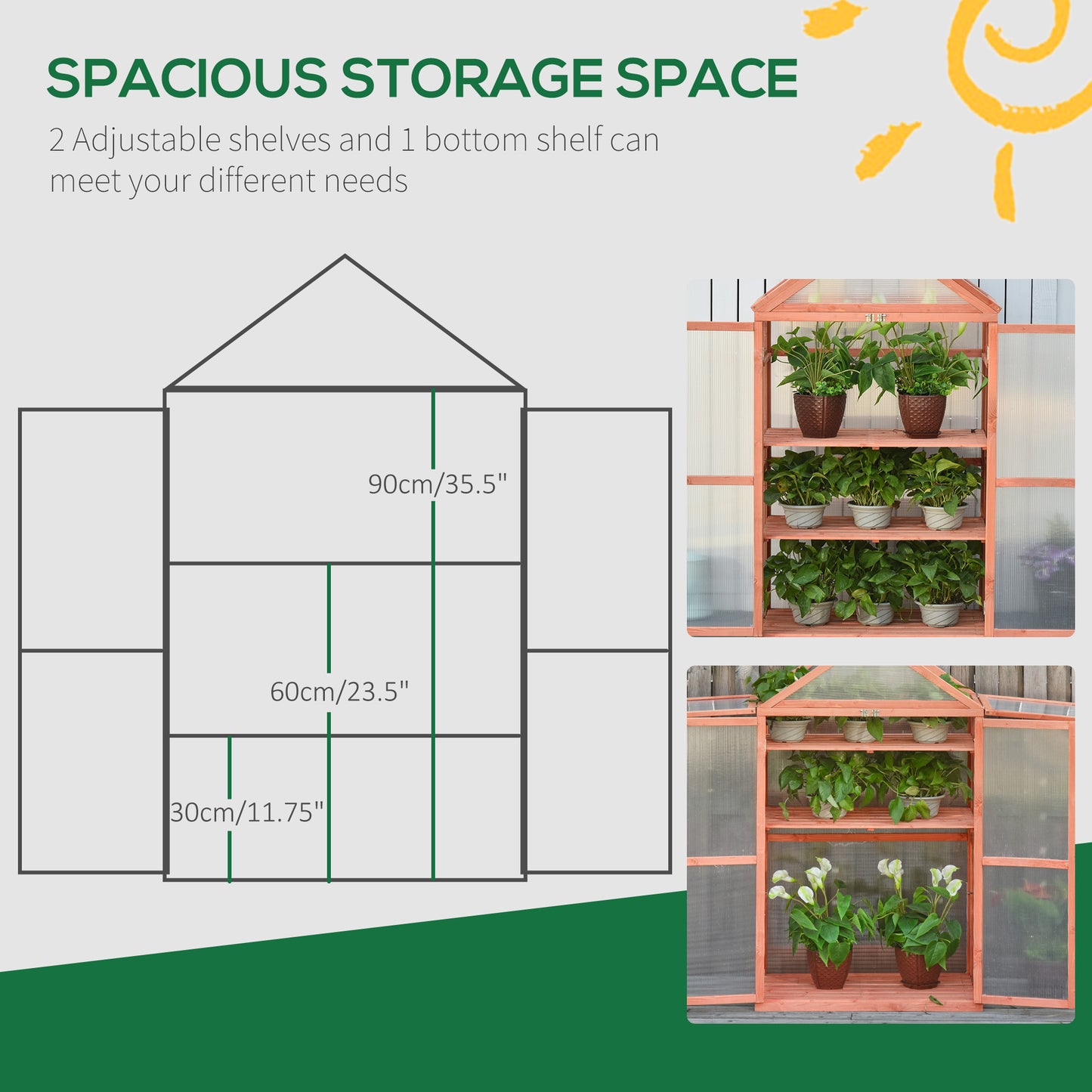Outsunny 3-Tier Wooden Cold Frame Greenhouse Garden Polycarbonate Grow House w/ Adjustable Shelves, Double Doors, 80 x 47 x 138 cm, Orange