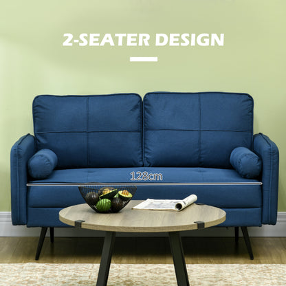 HOMCOM 143cm Loveseat Sofa for Bedroom Upholstered 2 Seater Sofa with Back Cushions and Pillows, Blue